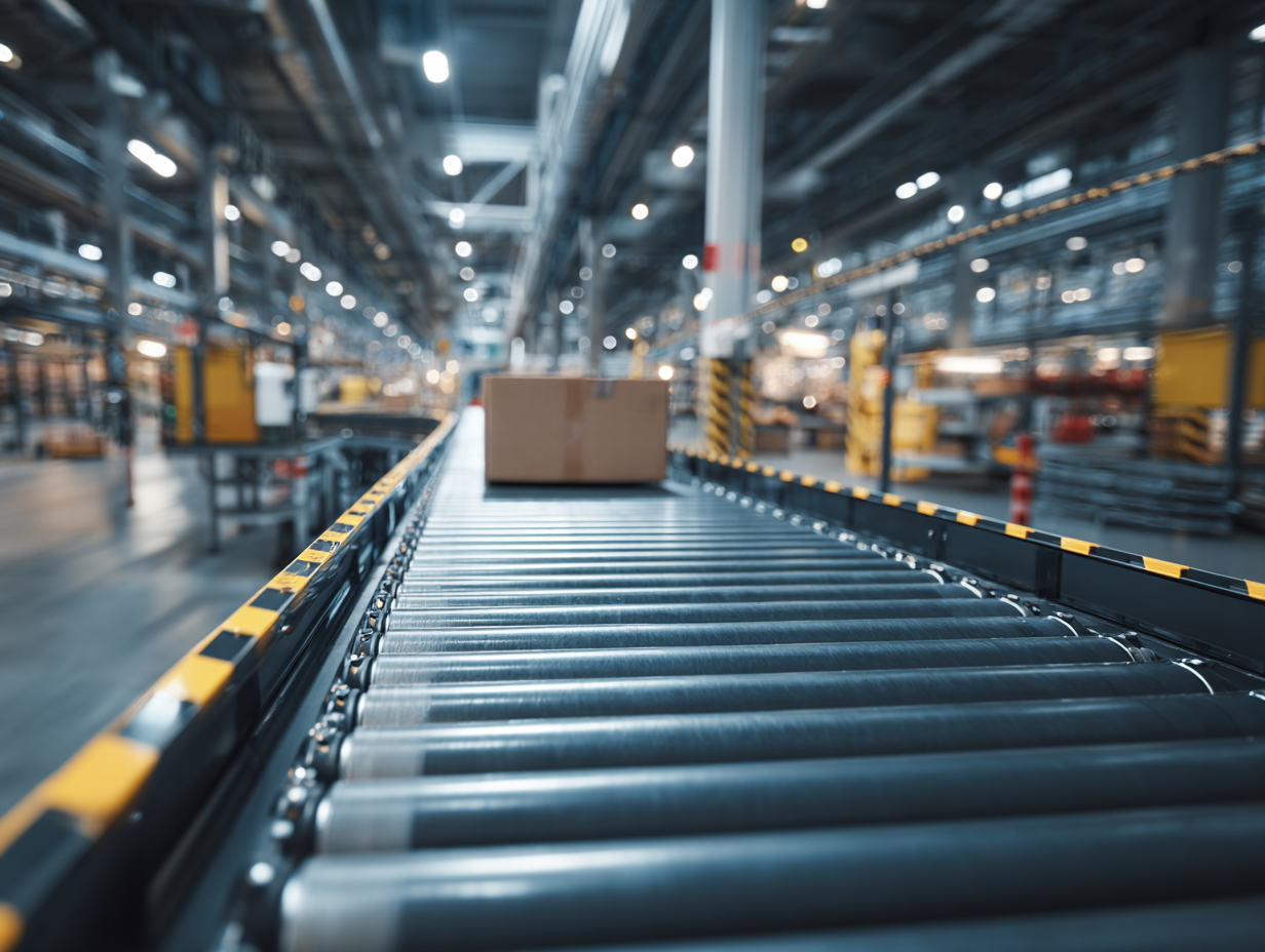 Conveyor belt with cardboard boxes moving through a warehouse distribution center